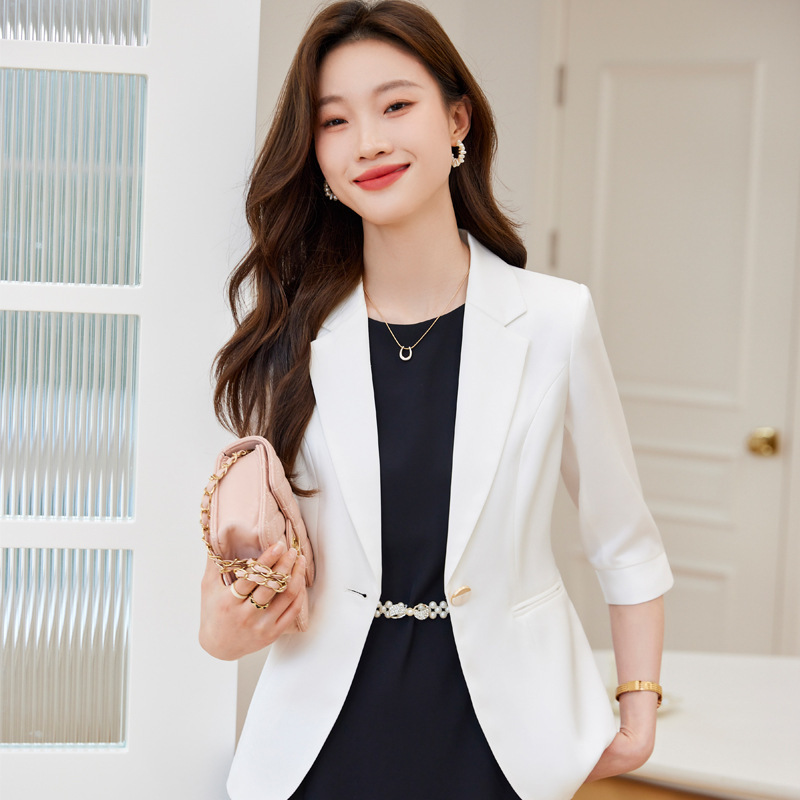 [Foreign Trade Hot Item] White Satin Blazer Jacket for Women 2026 Spring/Summer Mid-Sleeve Slim-Fit Women's Suit Dress