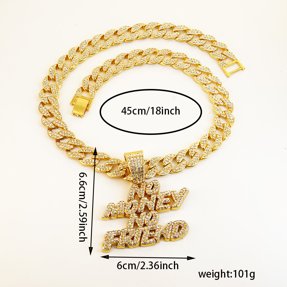 Collar con colgante de letras de hip-hop europeo y americano con diamantes completos, diseño de 'no money no friend', accesorio de motero deslumbrante y moderno.