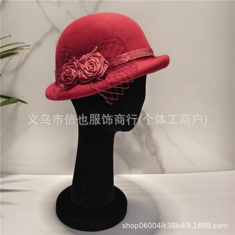 奢华品质真丝麻花朵网纱羊毛盆帽赫本风卷边羊毛礼帽千金风蓓蕾帽|undefined