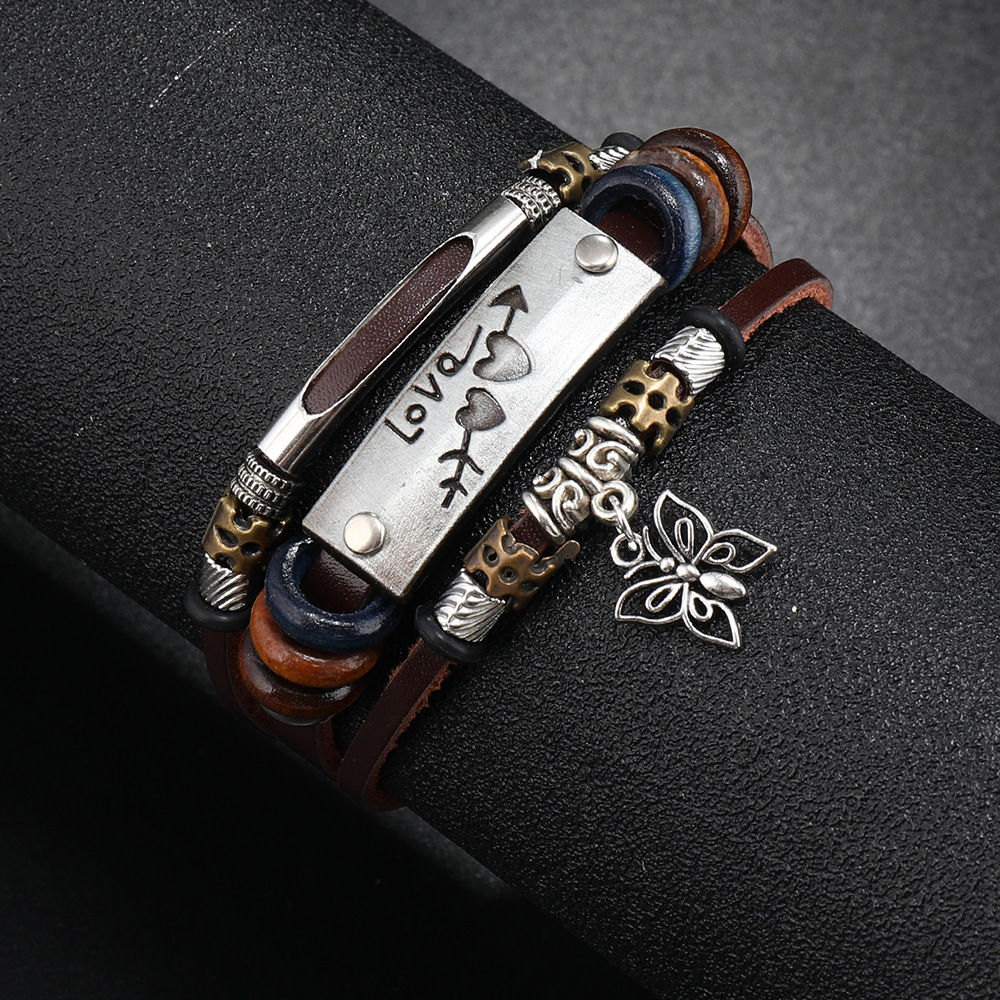 Punk Geometric Letter Butterfly Stainless Steel Alloy Leather Handmade Men's Bracelets display picture 3