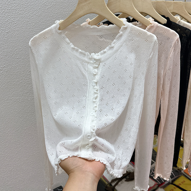 Autumn New Style with Ruffled Edges, Ice Silk Hollow-Out Sun-Protective Knit Cardigan Shawl Paired with a Camisole Top