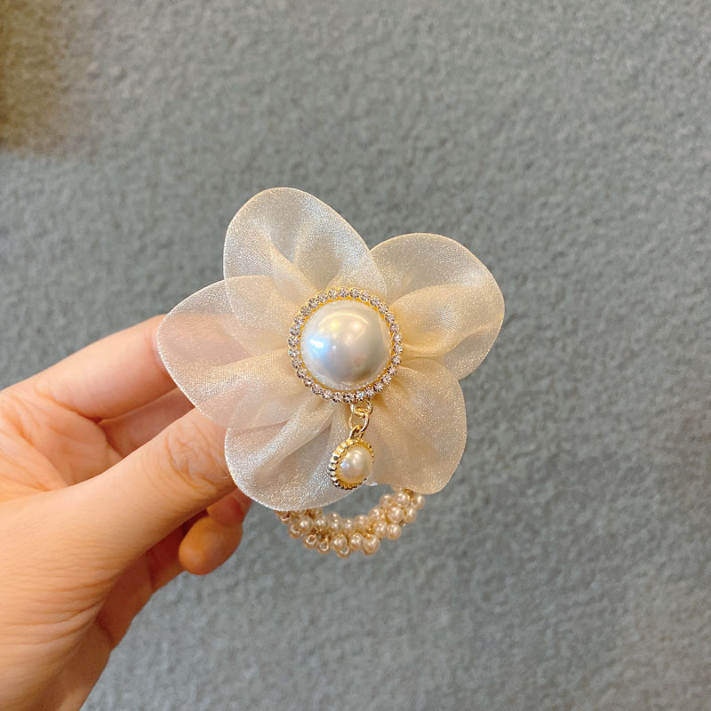 Korean Organza Flower Pearl Hair Ring display picture 7