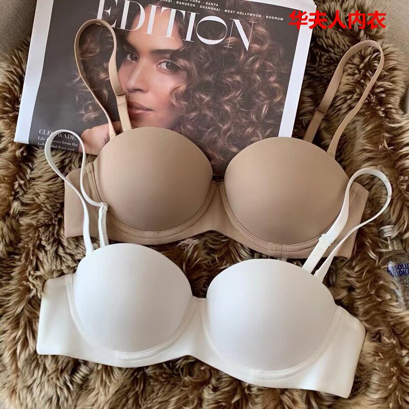 Japanese-style smooth half cup small chest gathered seamless underwear women's steel ring girl's all-match big chest small bra