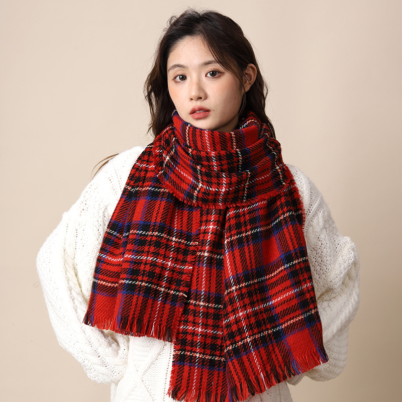 Red scarf women's winter 2024 new Korean version New Year's warm couple Christmas gift checkered pattern_voghion.com