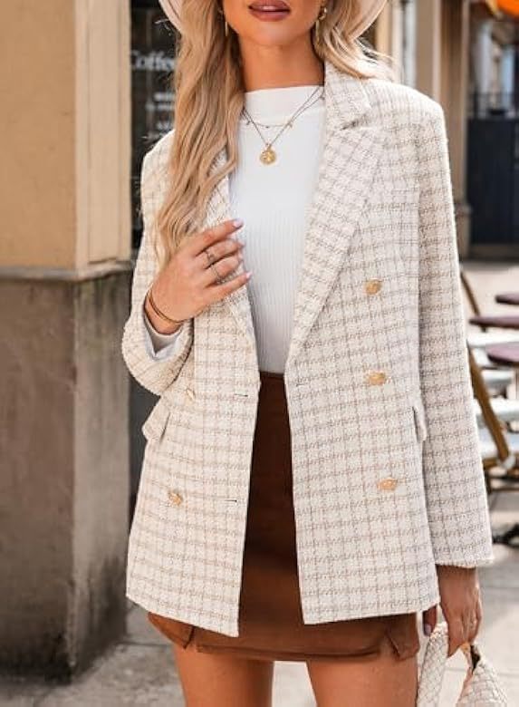 Women's Tweed Blazer Jacket Double Breasted Plaid Workwear_voghion.com
