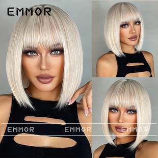 Cross-border foreign trade European and American style wig women's neat bangs white gold short straight bobo head full head wig hair