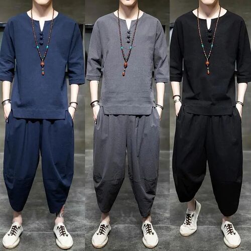 Retro Summer Linen Set for Men - Chinese Style Loose Short-Sleeve Large Collar 7/8 Pants Two-Piece Set Men's Clothing