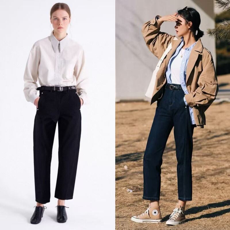 26 Early Spring New Style Straight-Leg Slimming Le Non-Fading Fleece-Lined Curved Twist-Sewn High-Waisted Straight-Leg Jeans
