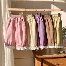 女童裤子春款洋气蕾丝束脚裤儿童春装蕾丝边长裤女宝宝外穿休闲裤