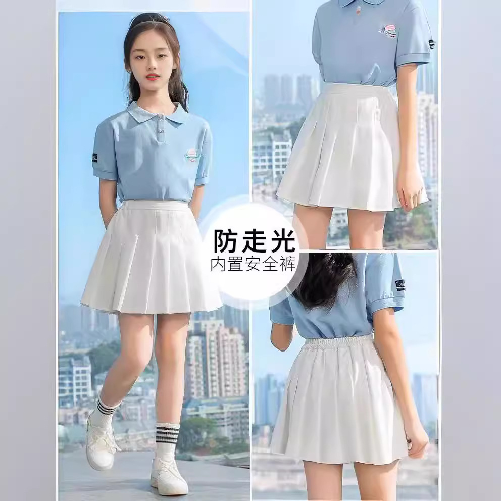 女童套装裙百褶裙夏季儿童夏装短裙女孩中大童裙子夏天白色半身裙