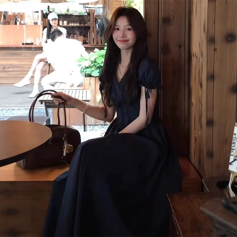 Летнее женское платье 2025 года, новый темно-синий с пышными рукавами, красивая юбка в французском стиле для перерыва на чай