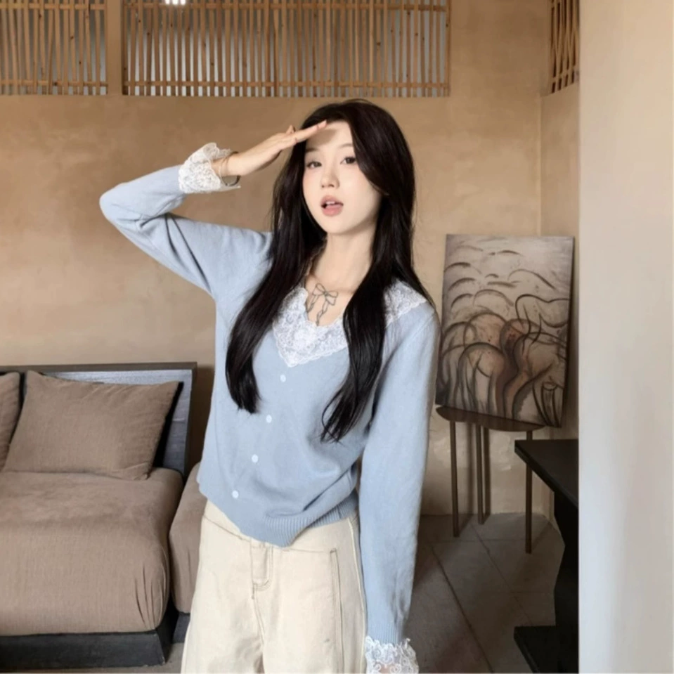 Трансграничный сексуальный V-образный кружевной свитер с длинными рукавами женский весенний и осенний новый дизайн на пуговицах трикотажный топ ins