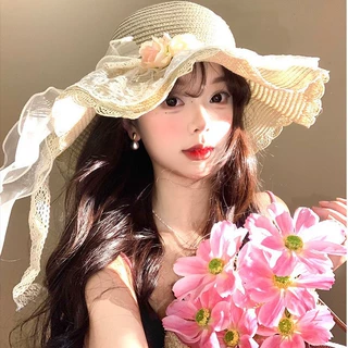 法式仙女风蕾丝蝴蝶结飘带草帽花边太阳帽女夏季海边沙滩遮阳帽子