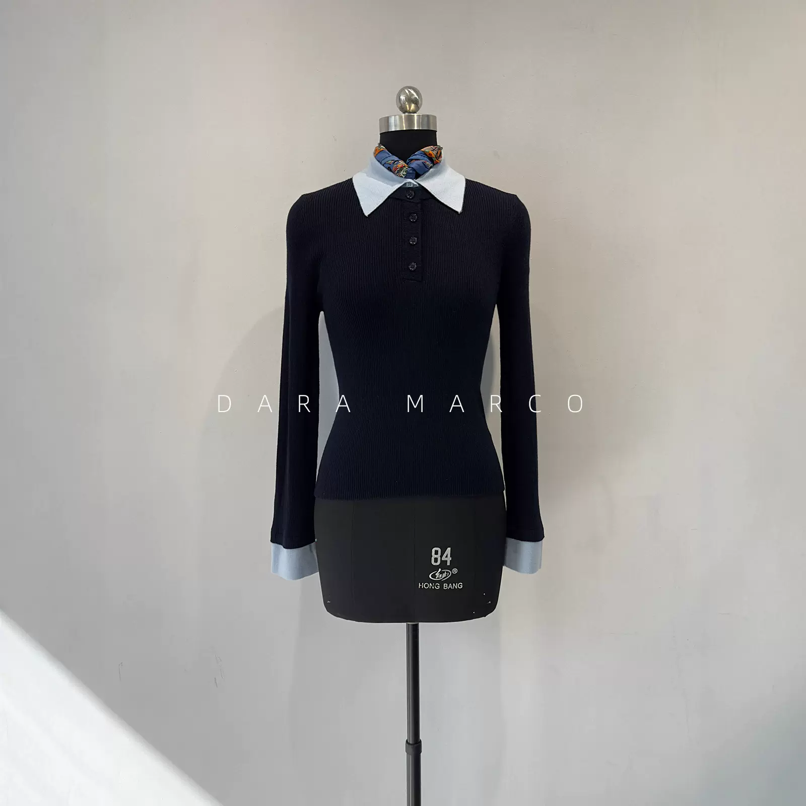 羊毛混纺针织衫~撞色衬衫领修身显瘦气质假两件高JI感上衣女秋冬