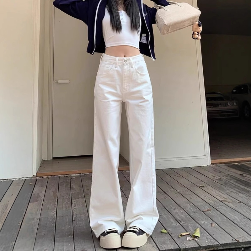 American Retro White Wide-Leg Jeans for Women, Autumn and Winter Fleece-Lined, High-Waisted, Loose, Slimming Straight-Leg Pants, Versatile Long Trousers