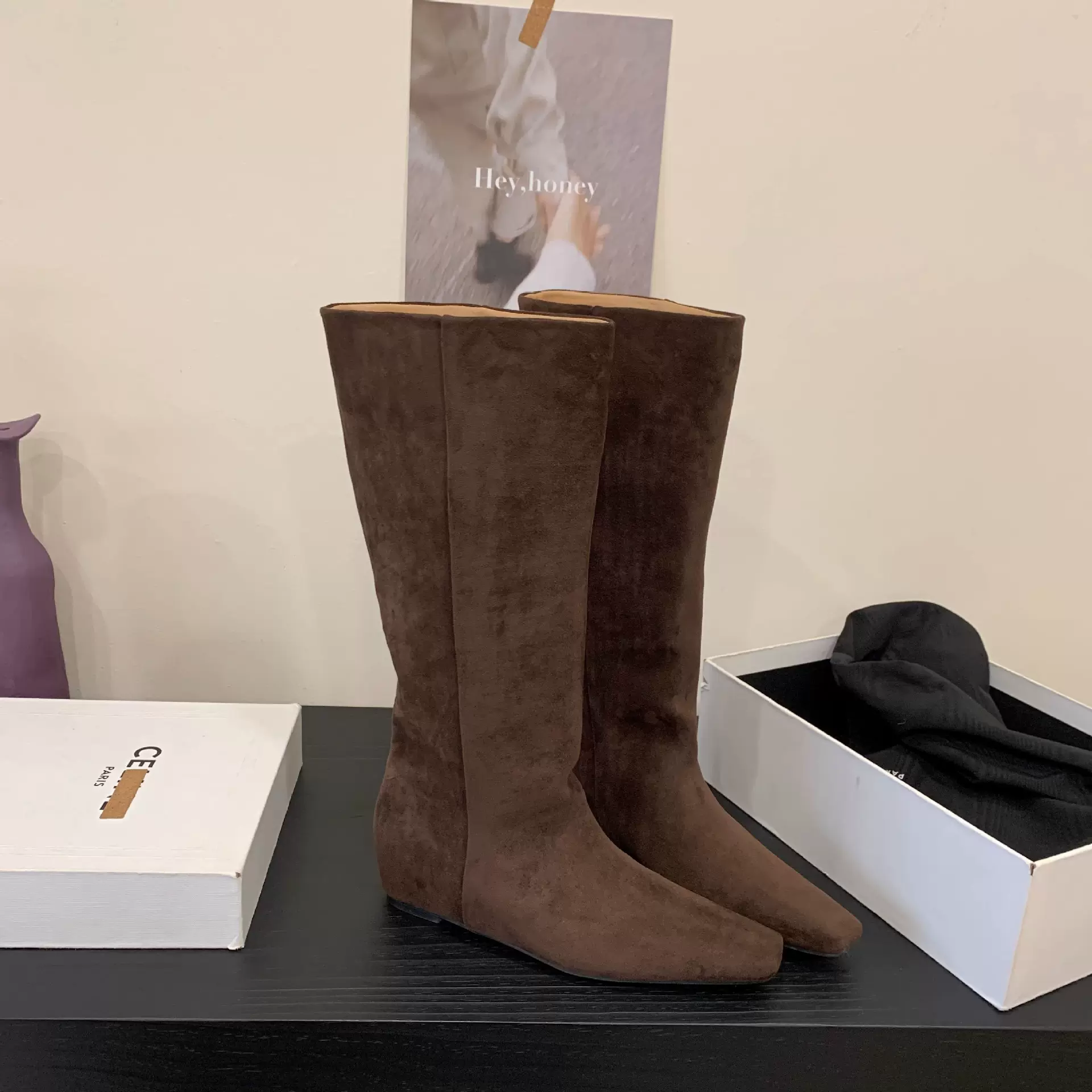 现货~内增高5cm复古不过膝瘦瘦靴中长靴新款秋冬季长筒骑士靴女