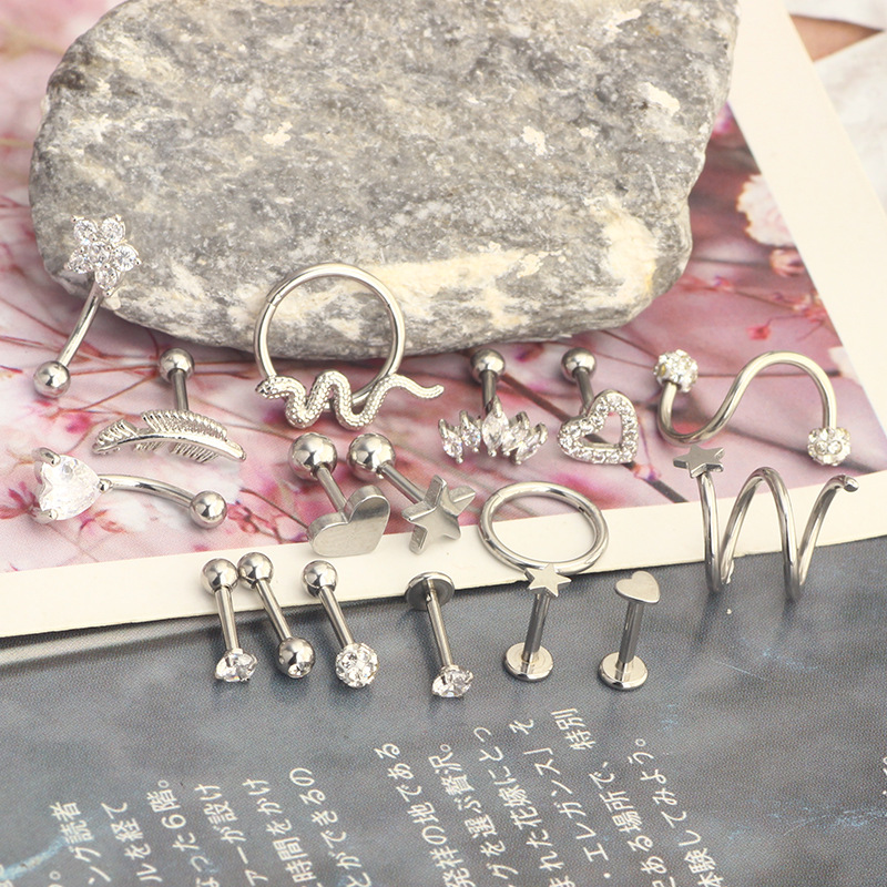 Zircon Star Cartilage Earrings Set - 17Pcs Rose Gold Stainless Steel Ear Piercing Jewelry detail image 8