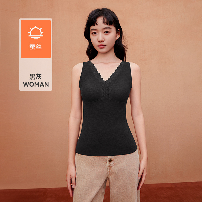 2025秋冬新款带胸垫保暖背心女可拆胸罩德绒蚕丝V领蕾丝打底马甲|undefined