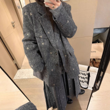 法式重工金丝线刺绣蝴蝶结顺羊毛呢内里加棉垫肩西装女呢子外套