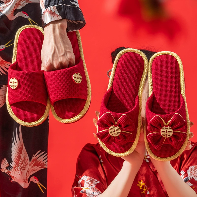 Новый Клевер свадебные тапочки женские летние интерьерные дома большие красные свадебные пары льняные тапочки