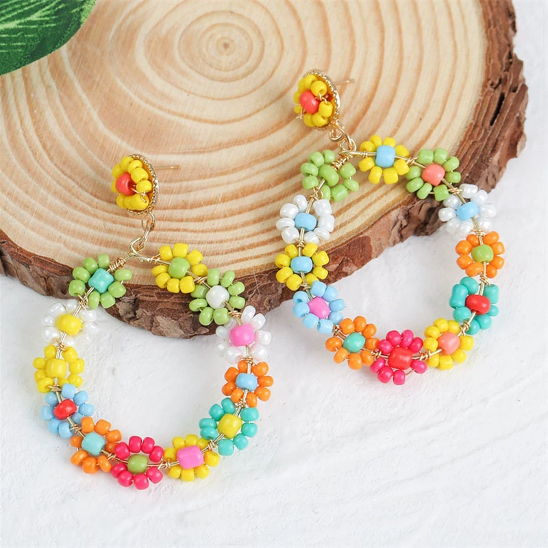 Серьги handmade, бохо стиль Европы, переплетенные цветочные бусины, легкие 10×10 см