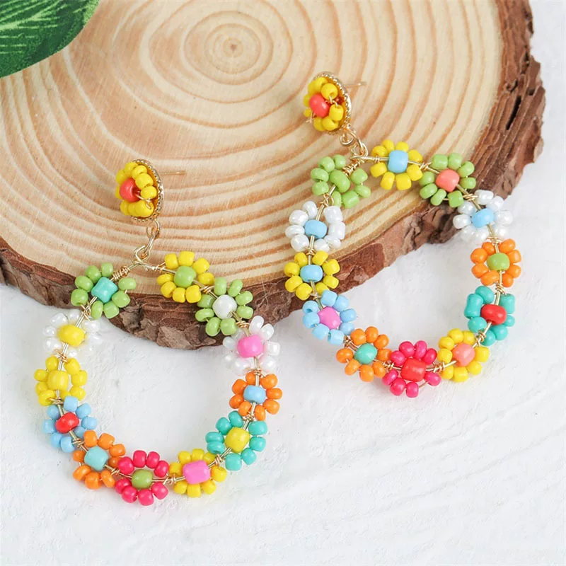 Серьги handmade, бохо стиль Европы, переплетенные цветочные бусины, легкие 10×10 см
