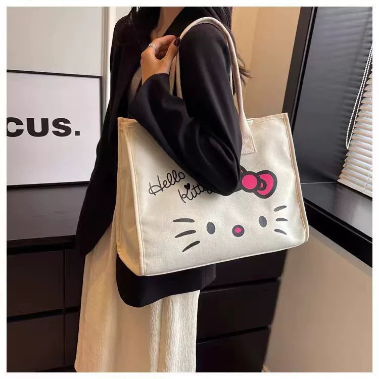 Плечевая сумка Tote (Hello Kitty) из льна, просторная, версия без подкладки или с подкладкой