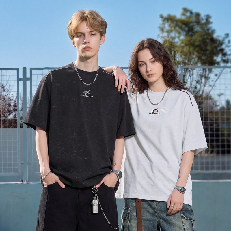 Distressed Imitation Tie-Dye American-Style Short-Sleeve T-Shirt for Men, Summer Textured Pure Cotton Couple's Half-Sleeve Reflective Stripe Trendy Brand T-Shirt