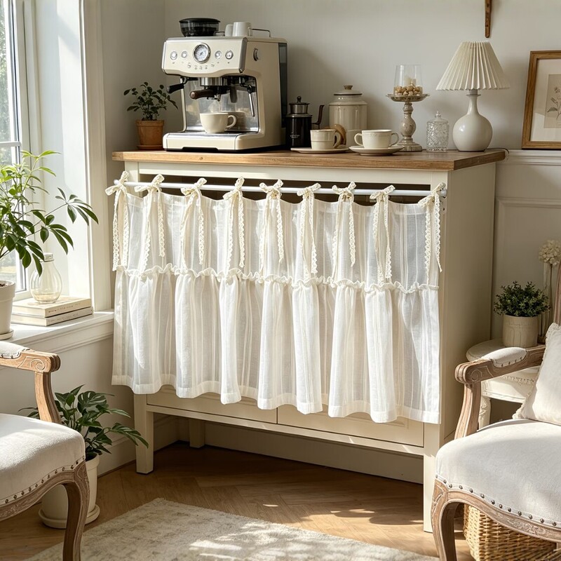 American-style country cotton-linen striped half curtain with lace ties for kitchen cabinets, no-drill required, coffee machine door curtain