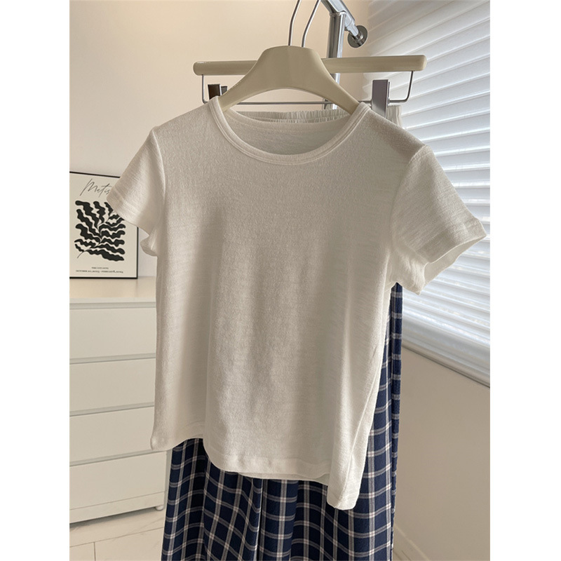 質感〜女性用ショートスリーブTシャツ！夏万能無地着痩せショートラウンドネックショルダートップTシャツ|undefined