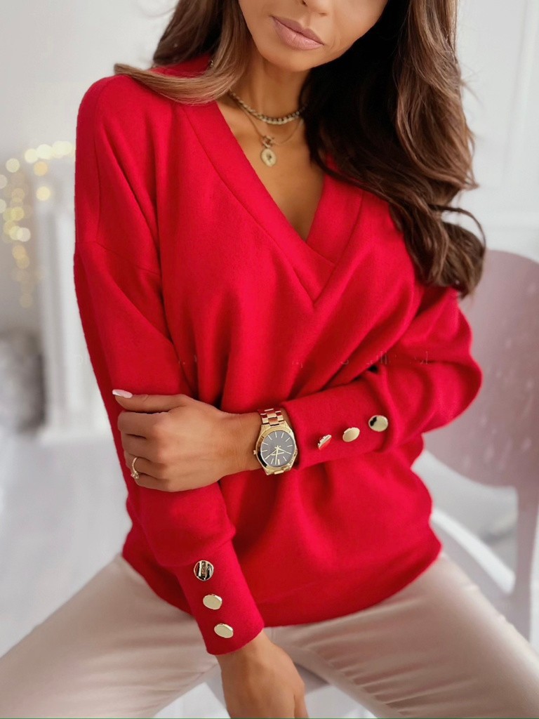 Women's Sweater V Neck Casual Long Sleeve Button Cuff Top_voghion.com