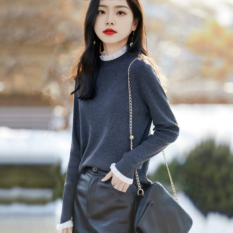 Half-high collar black sweater for women, 2026 autumn and winter new style, ruffled knit top, plus size lace base shirt