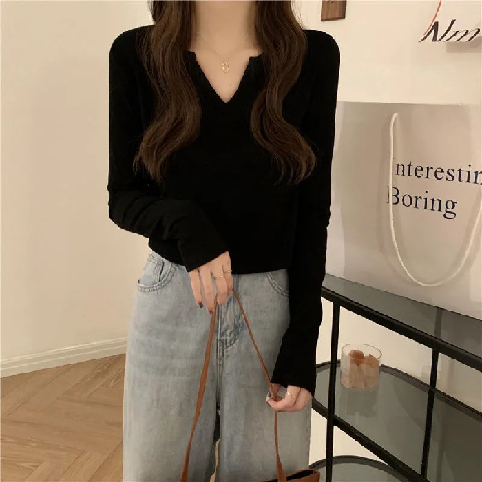 Camiseta única con cuello en V y manga larga para mujer, nueva colección primavera-otoño 2026, estilo coreano, corte ajustado, versátil, camiseta básica, top corto.