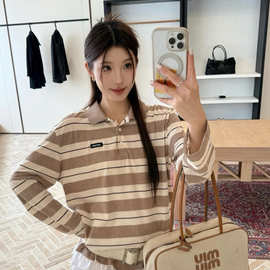 mi u 条纹长袖T恤上衣奶茶色女25早秋7月序偶宽松休闲polo领T恤