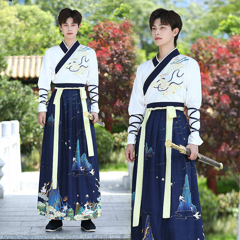 Chinese Style plus size Men's Clothing Ancient Long-sleeved Hanfu Ancient Style Men's and Women's CP Clothing Class Clothing Blue Deer Gradient suit