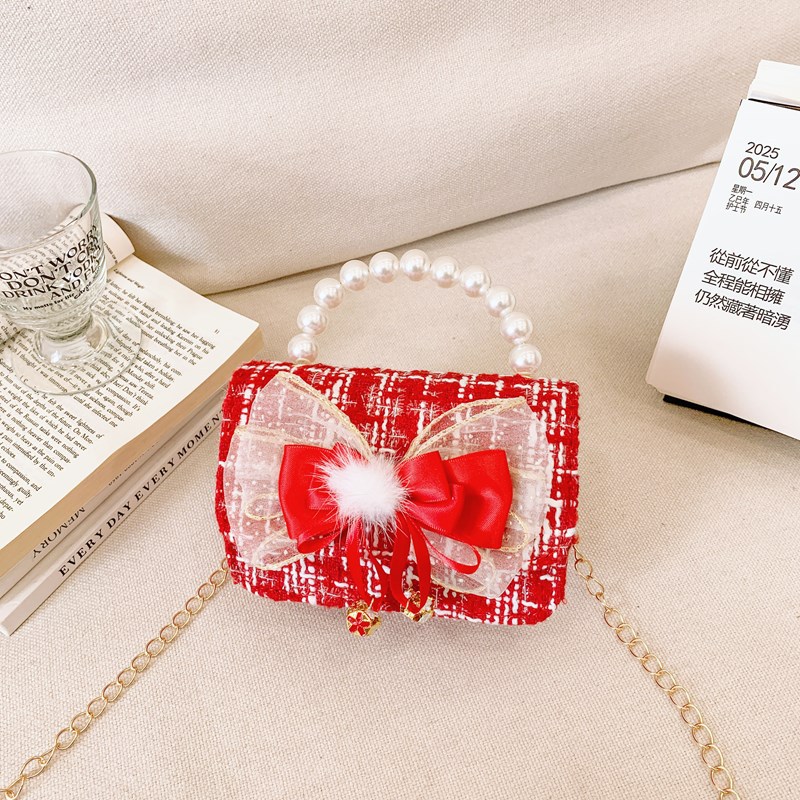 Pequeño viento rojo perfumado bolsos de Año Nuevo para niños y niñas lindos bolsos de perlas de arco 2025 nuevos bolsos de cadenas para niños