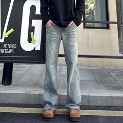 潮流美式高街竹节纹牛仔裤男春秋新款潮牌百搭宽松直筒微喇vibe裤