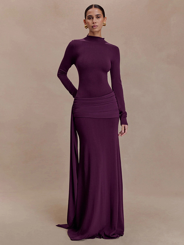 Foreign Trade Autumn and Winter New European and American Women's Clothing Celebrity Style Pure Color High Collar Long Sleeves Ribbon Pleated Hip-Hugging Elegant Dress