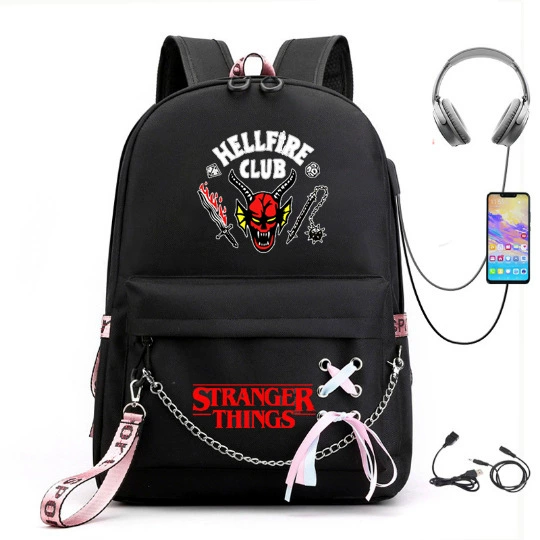 Рюкзак (Stranger Things) школьная сумка — USB-порт, железная цепь и лента, размер один