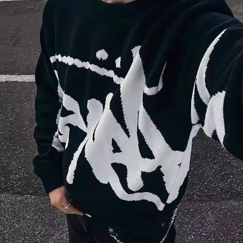 Autumn and Winter American Style Reversible Letter Logo Crew Neck Sweater Comfortable Stylish Korean Version Autumn and Winter Cool Knitwear for Men and Women Trendy