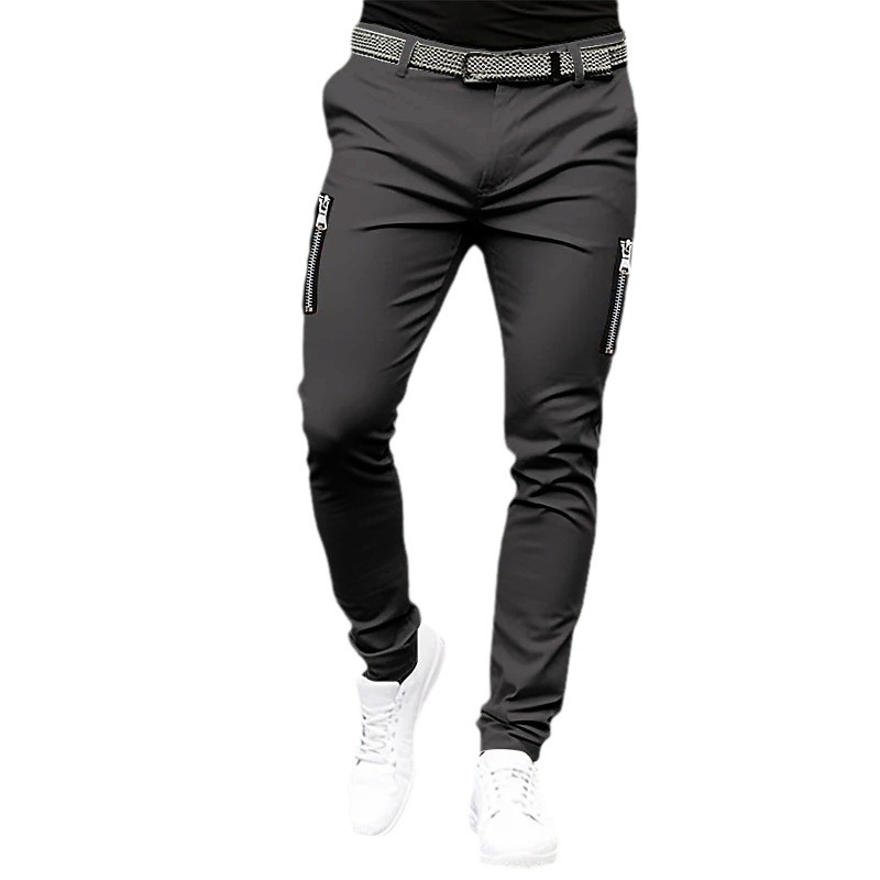 2024 Men's Solid Color Tight Casual Pants Pure Cotton Zipper Pocket Spring and Autumn Waistband Leggings_voghion.com