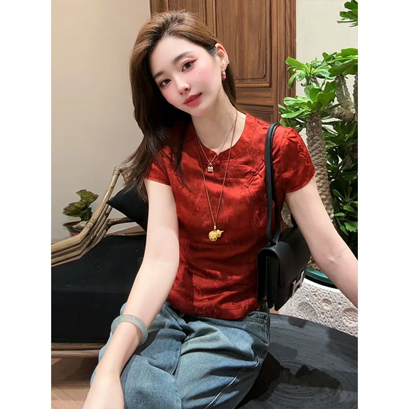 新中式气质红色短袖衬衫女装2025夏季新款百搭显瘦贵气感国风上衣|undefined