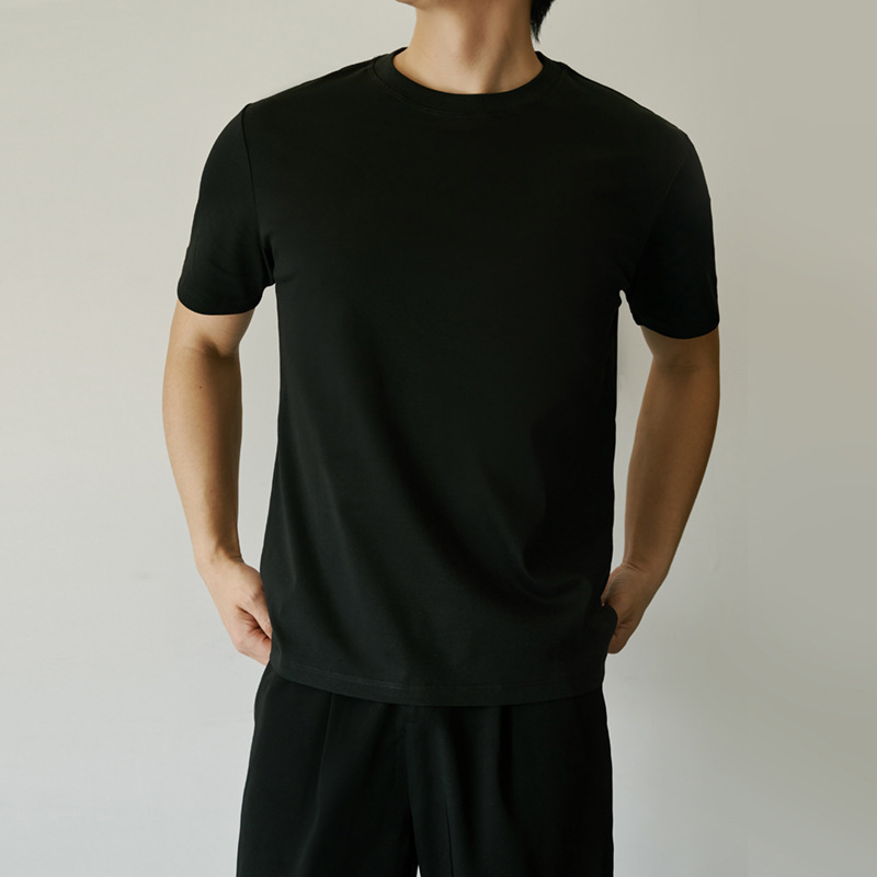 80-Count Liquid Ammonia Cooling Long-Staple Pima Cotton Solid Color Men's Short-Sleeve T-Shirt Mercerized Cotton Top Casual Wear