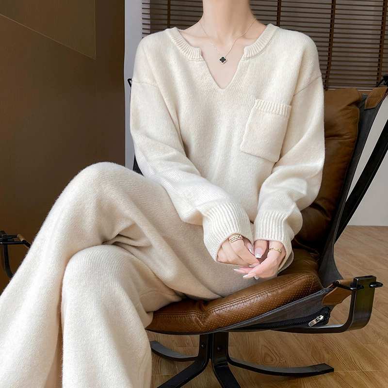 2024 новый карманный европейский и американский повседневный стиль набор из двух частей женский осенний и зимний новый большой размер широкие брюки трикотажный костюм