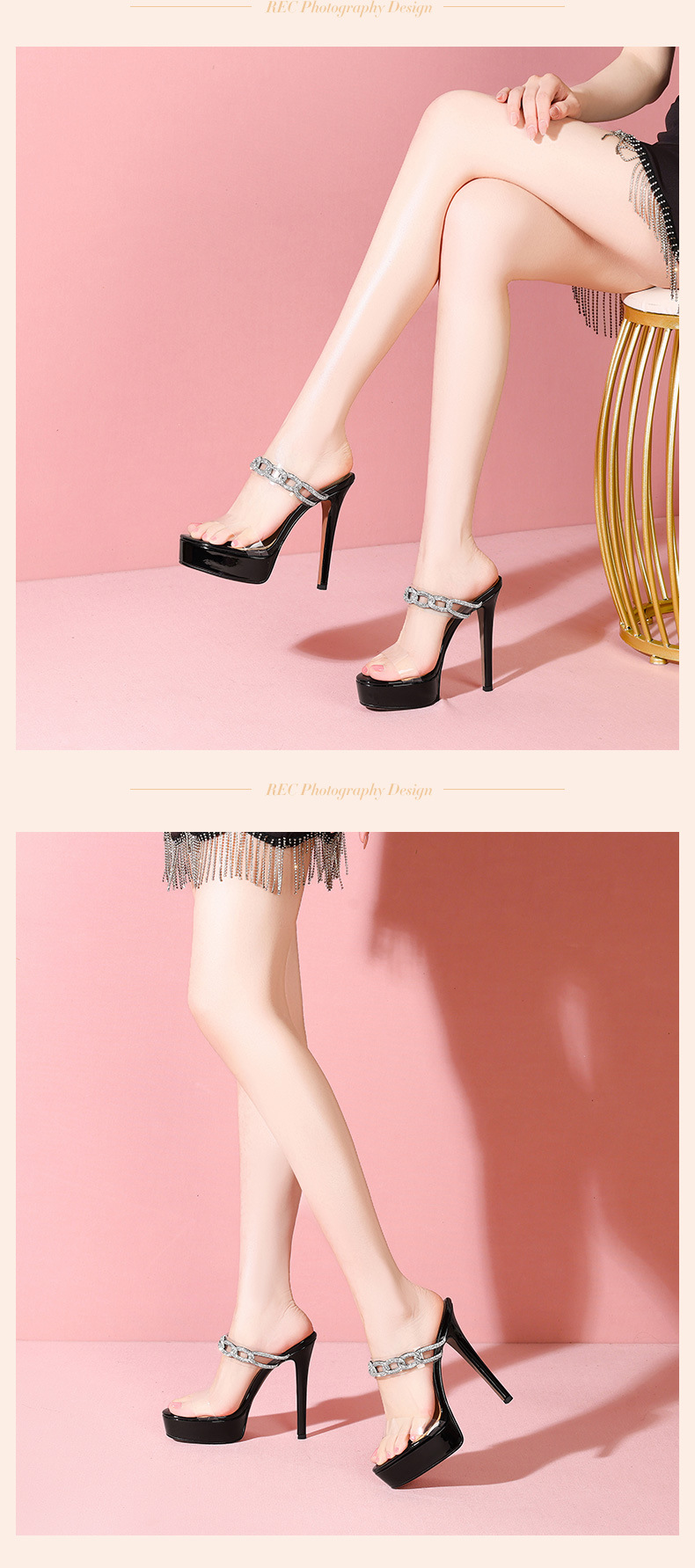 Sandal cao gót nữ quai ngang trong suốt đính đá, gót 13 cm, đế platform — Đen 13cm chi tiết 7
