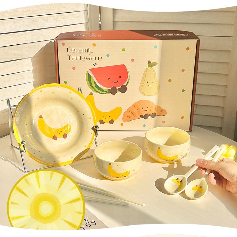 Food for two: 2 bowls, 2 spoons, 2 chopsticks, 1 plate-banana-packed with foam