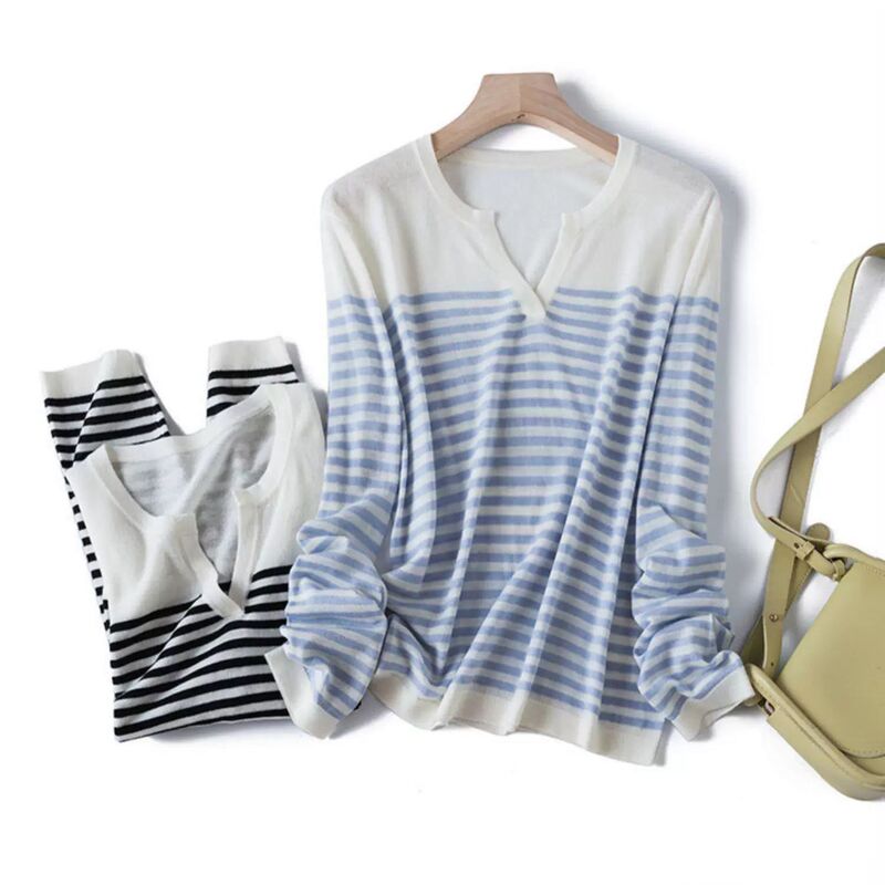 Early autumn French classic color-blocked striped fine-gauge pure wool scissor-neck long-sleeve loose casual knit sweater