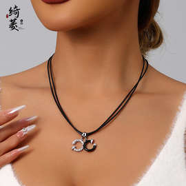 日韩时尚百搭皮绳双C吊坠锁骨链女高级感小众个性设计感项链颈饰