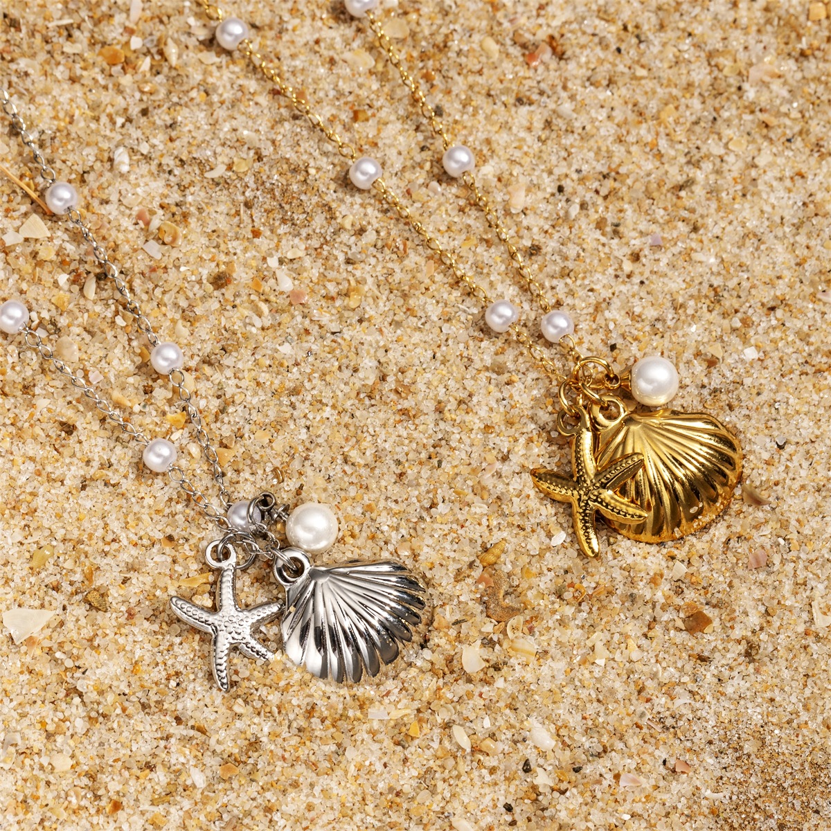 Tena Europa y América Shell Estrella de mar Viento del océano Collar de acero inoxidable Mujer Moda de nicho Estilo de playa Collar de cadena de clavícula image 3
