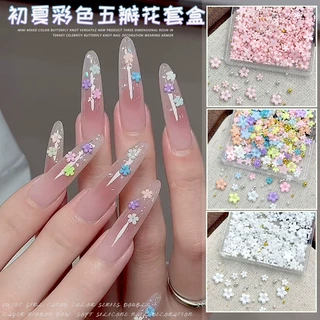 跨境爆款迷你彩色五瓣花美甲饰品大小钢珠混装平底小白花瓣指甲钻